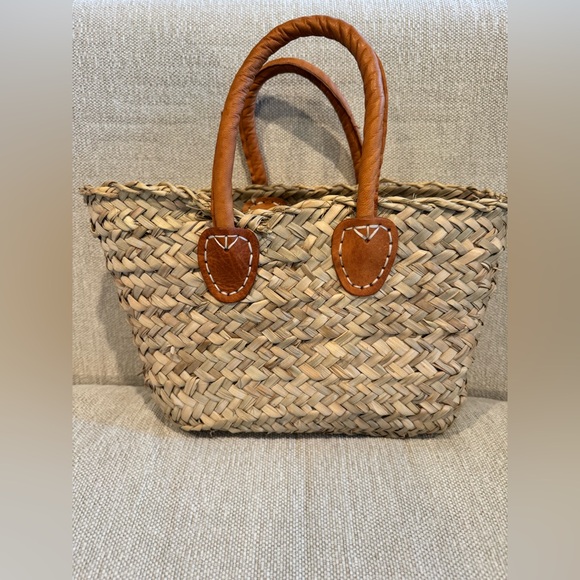 Handbags - Woven Straw Tote Bag with Tan Leather Handles